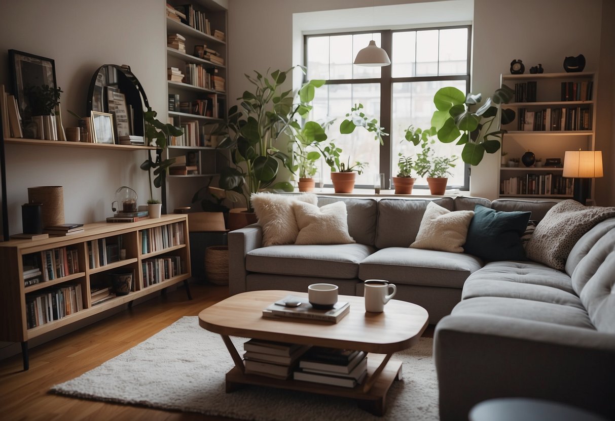A cozy living room with a plush sofa, elegant coffee table, and stylish armchair surrounded by shelves filled with decorative items and books