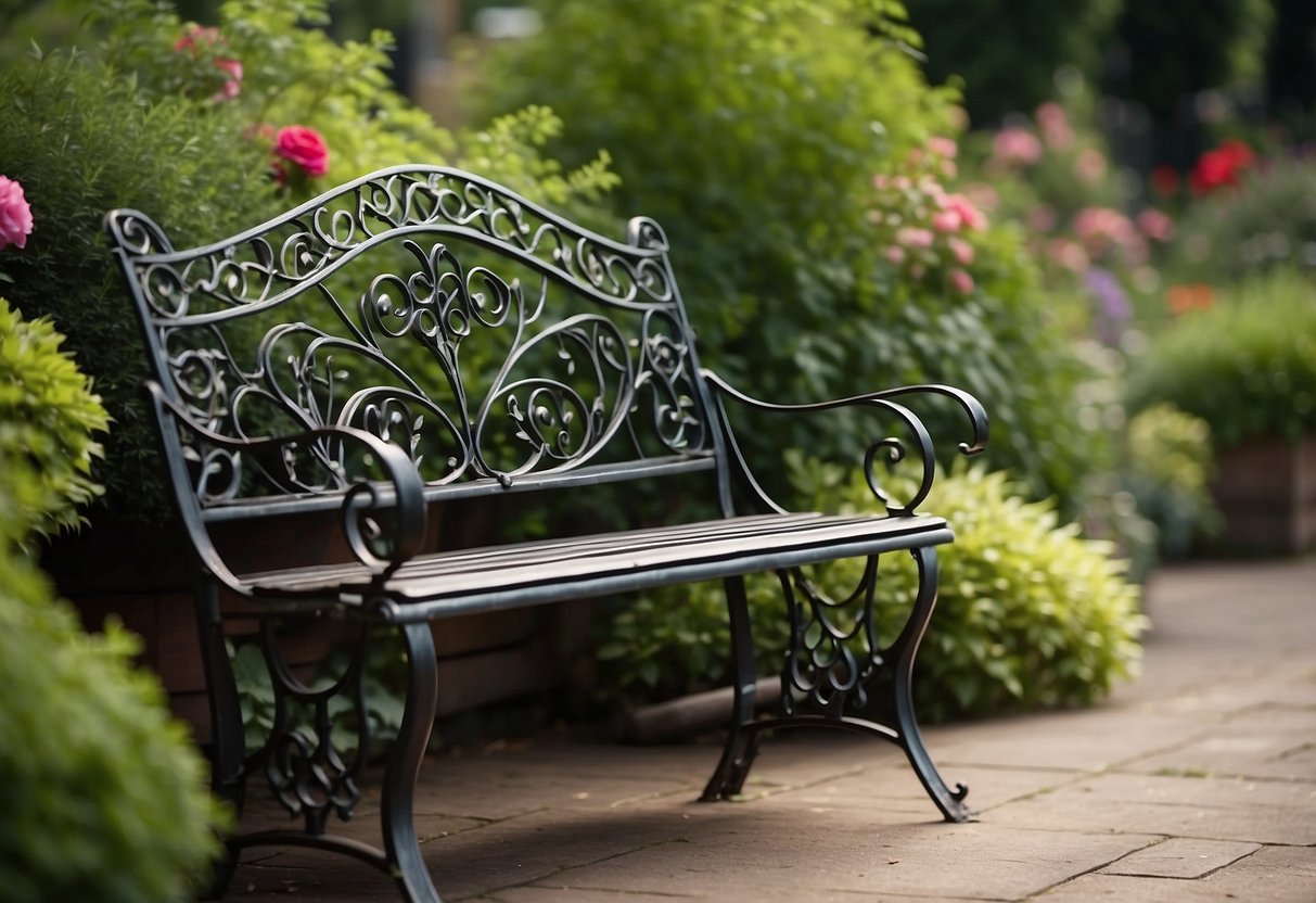 A wrought iron bench surrounded by lush greenery, with intricate floral patterns and curved lines, evoking the elegance of Victorian garden furniture