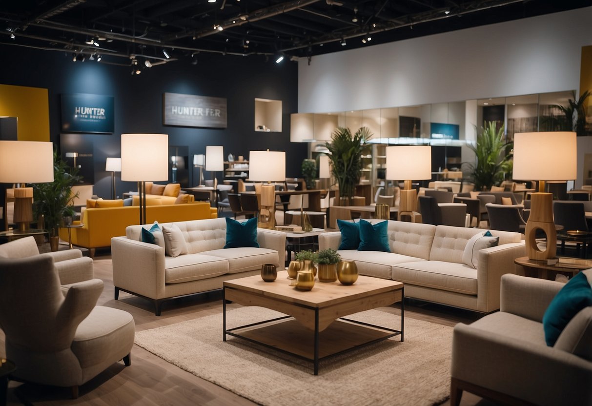 Customers browse modern furniture displays at Hunter Furniture store. Bright lighting and spacious layout create an inviting atmosphere