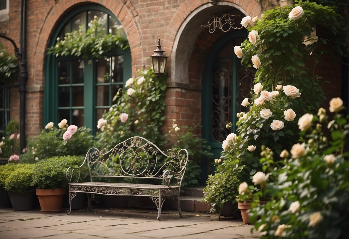 A lush Victorian garden with ornate wrought iron furniture, surrounded by blooming roses and ivy-covered trellises. A quaint sign points to a nearby antique shop