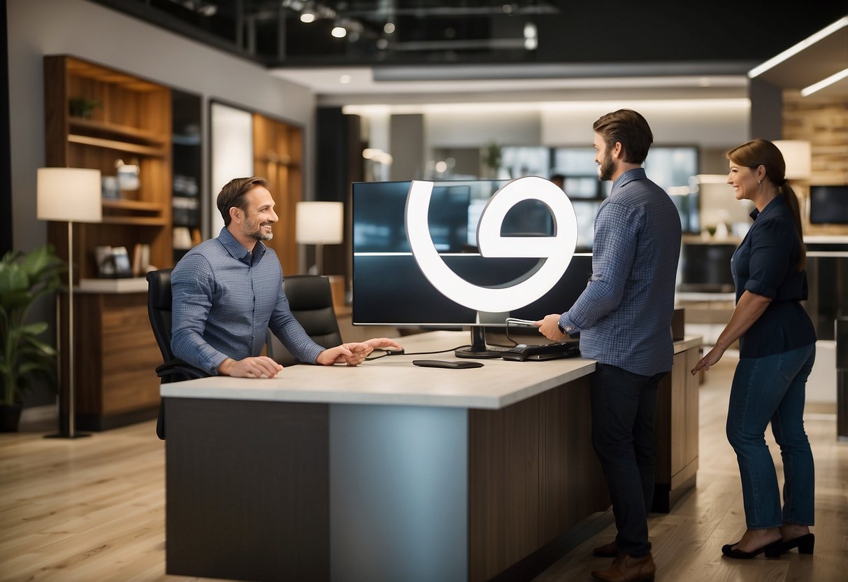 A hunter furniture logo surrounded by question marks, with a customer service representative assisting a customer