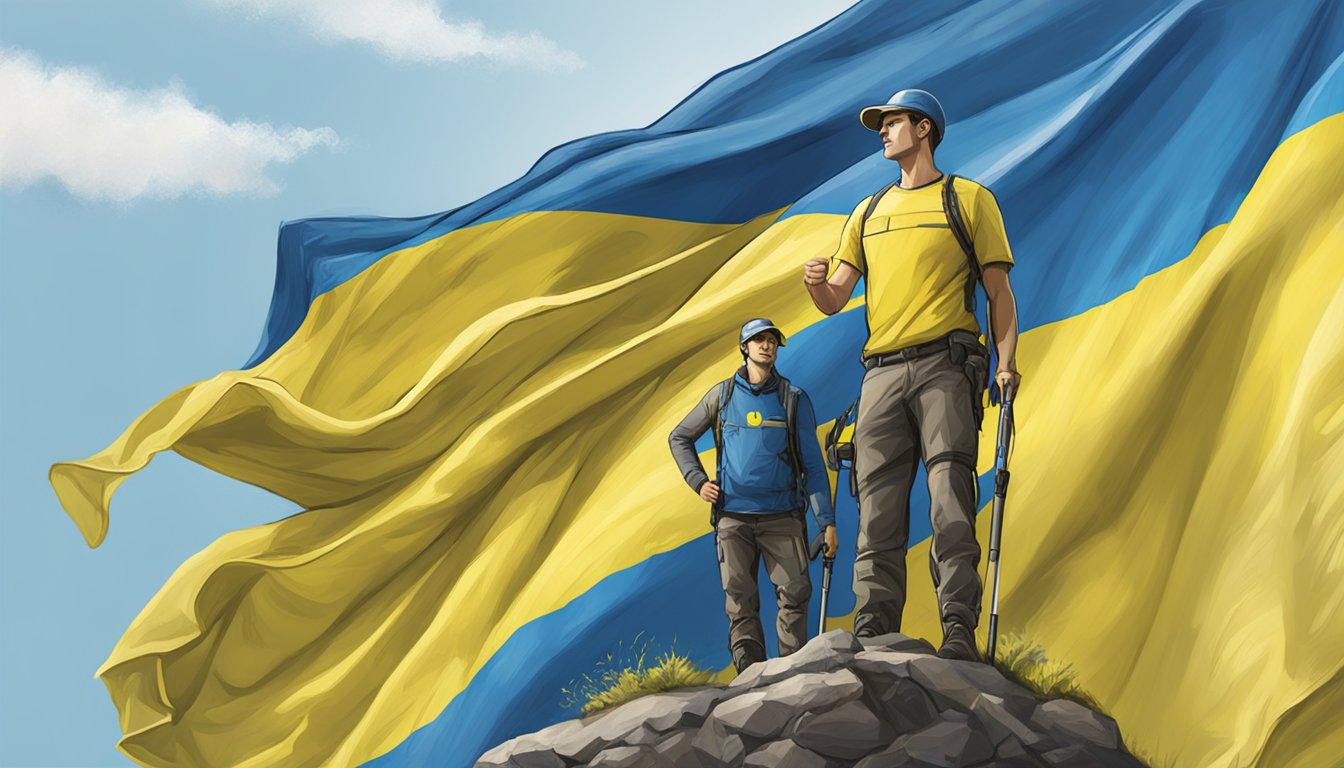 Outdoor Research logo displayed with the Ukrainian flag in the background, symbolizing support for Ukraine