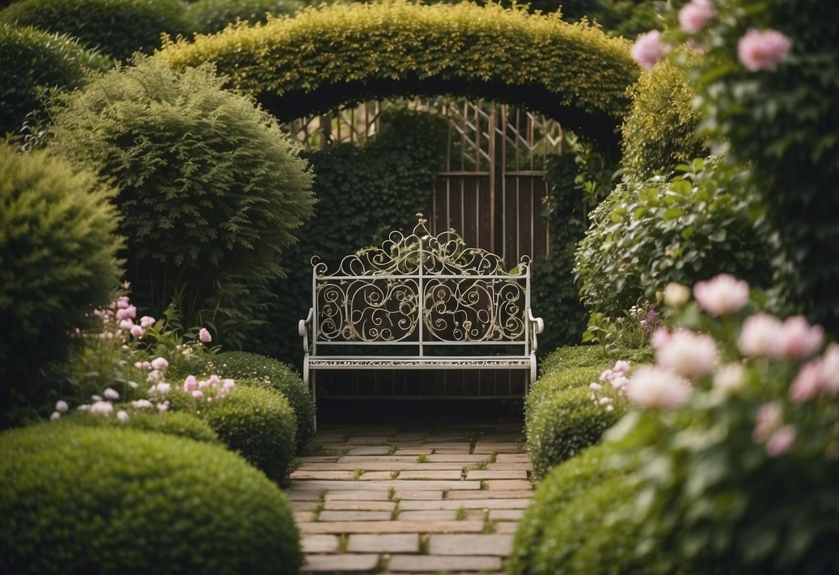A lush Victorian garden with ornate iron furniture, surrounded by blooming flowers and trimmed hedges