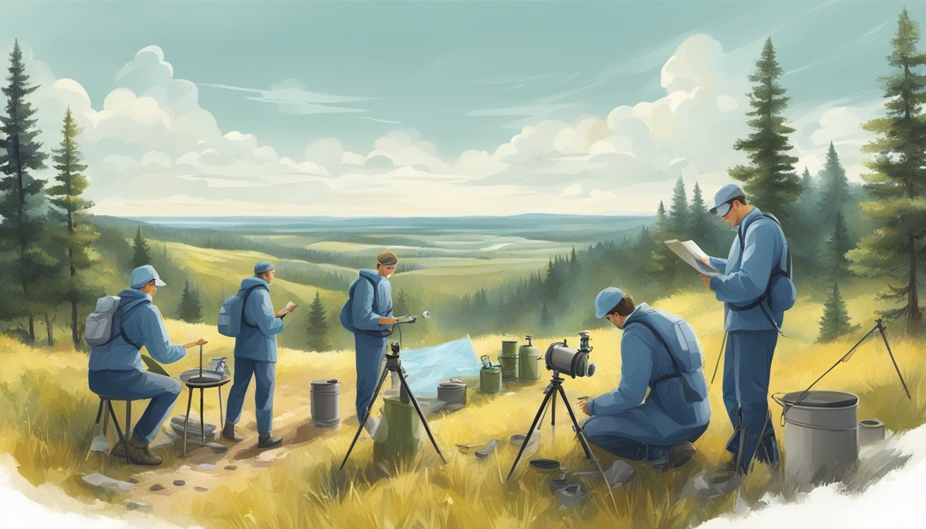 A group of scientists in Ukraine conduct outdoor research, with equipment and tools spread out across a beautiful natural landscape