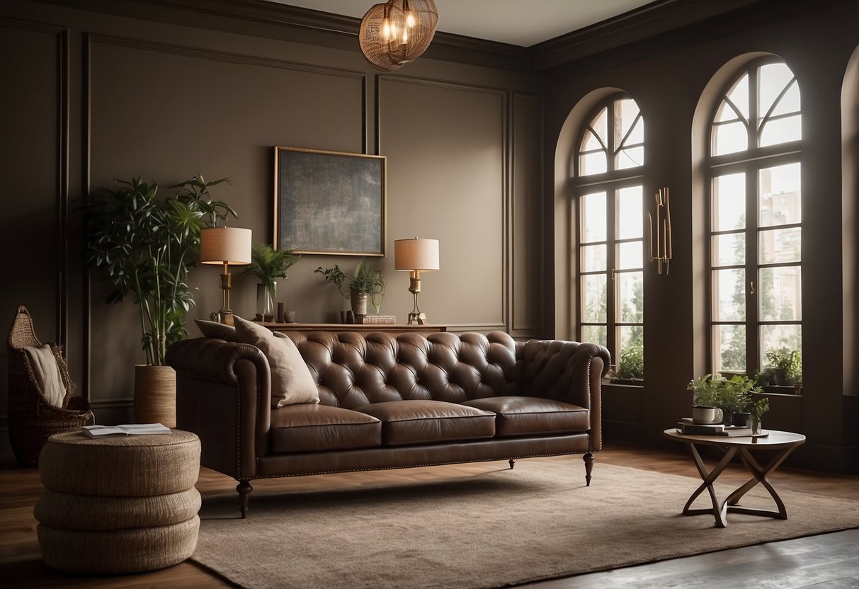 A room with brown furniture and walls painted in a matching shade