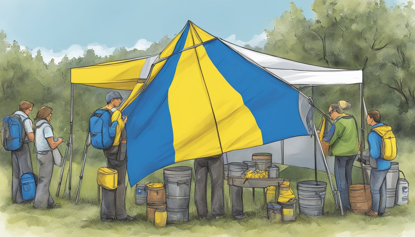 Outdoor Research logo displayed at a fundraising event for Ukraine. Donations being collected in a large jar with Ukrainian flag. Outdoor gear and equipment on display