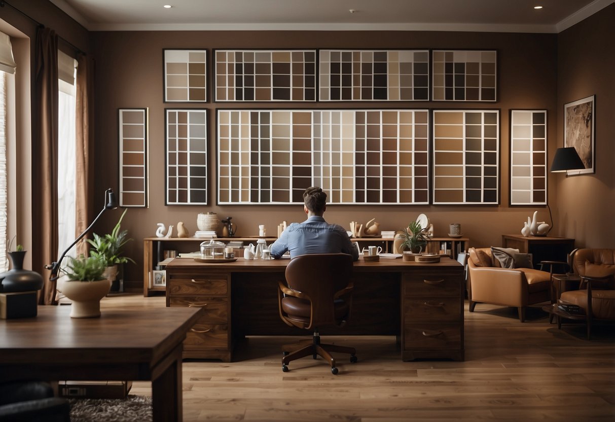 A room with brown furniture and various paint swatches on the walls. A person is comparing the swatches to find the perfect shade