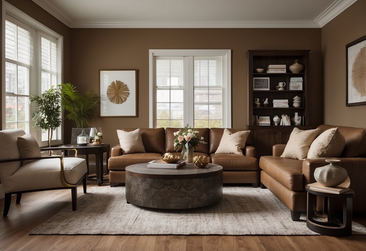 A room with brown furniture, painted in matching cohesive wall colors