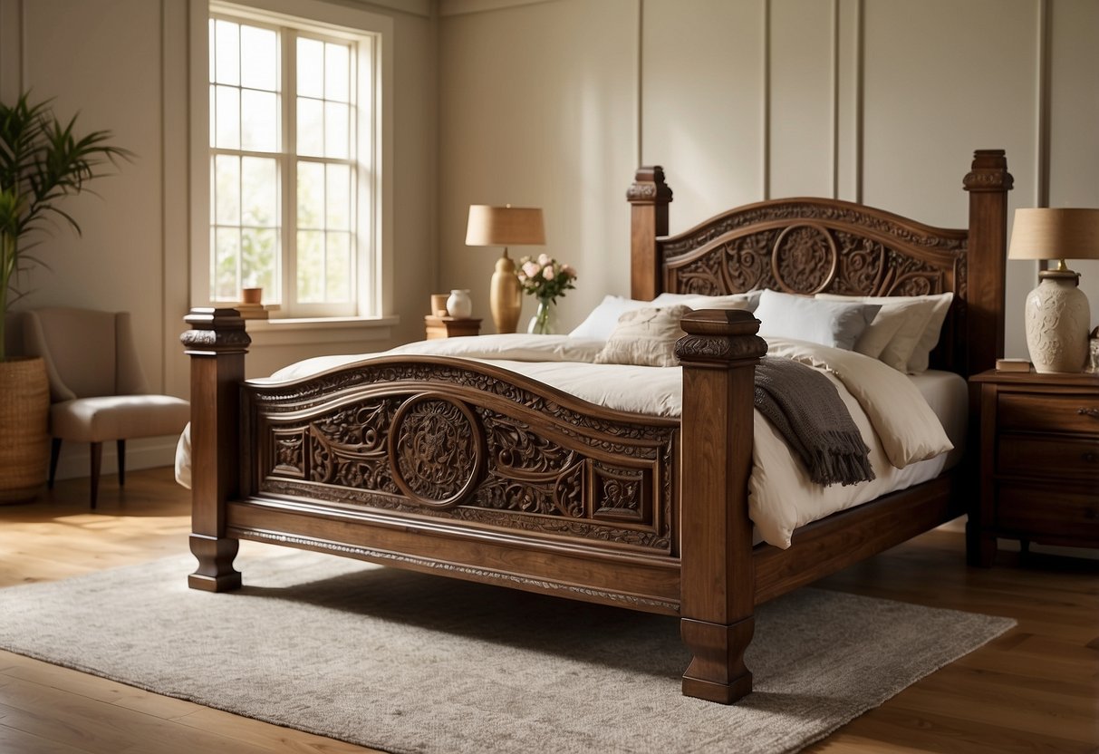 A wooden bed with intricate carvings and a sturdy frame sits in the center of a cozy, sunlit bedroom
