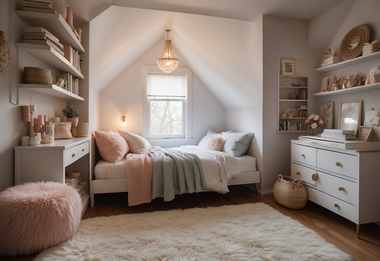 A girl's white bedroom with a canopy bed, matching dresser, and fluffy rug. Walls are painted a soft pastel color, with shelves displaying books and trinkets