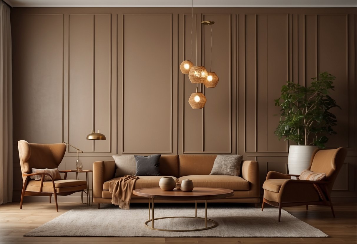 A wall painted in a warm, earthy brown tone complements the surrounding brown furniture, creating a cohesive and harmonious aesthetic