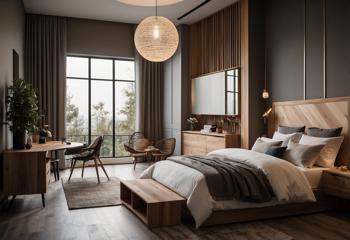 A spacious bedroom with a variety of wooden bed designs arranged neatly, showcasing different styles and craftsmanship
