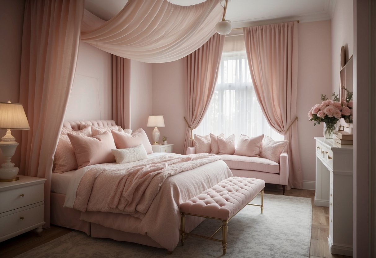 A white bedroom with a canopy bed, matching dresser, and nightstand. Soft pink curtains and fluffy pillows complete the look