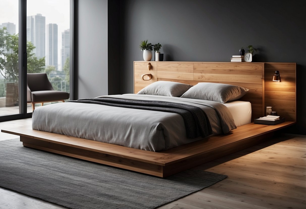 A wooden bed with clean lines and minimalistic design, featuring functional features such as built-in storage compartments and a sleek, contemporary style
