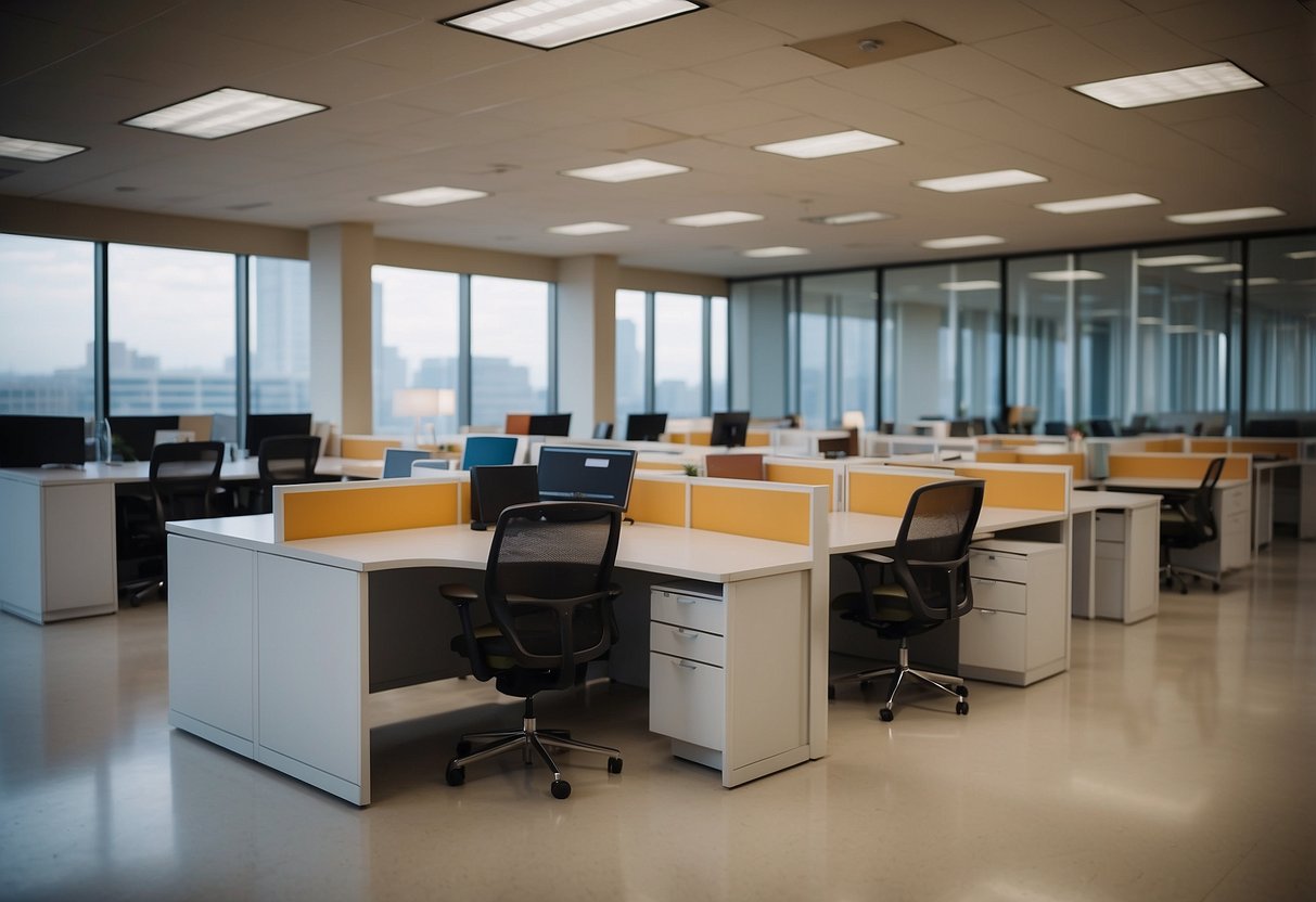 The office furniture is radiating heat, creating a warm and inviting atmosphere. The desks, chairs, and filing cabinets are depicted with a sense of warmth and coziness