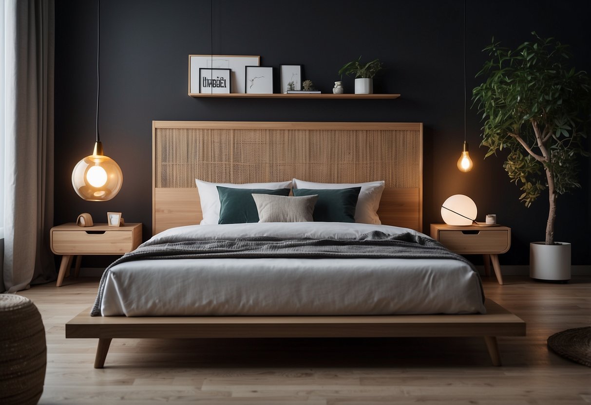 A wooden bed with clean lines and a modern design, surrounded by various furniture pieces