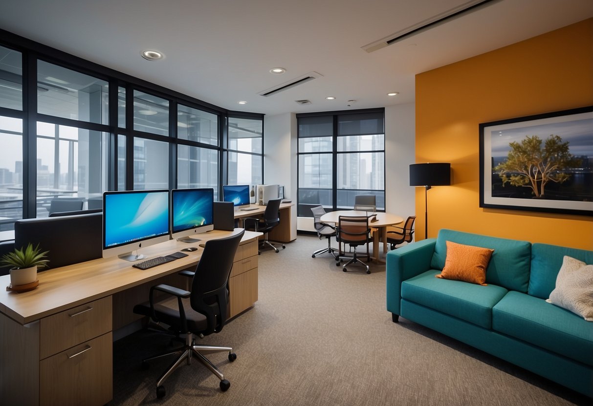 A modern office space with sleek, ergonomic furniture and vibrant accent colors. A large desk with a computer, comfortable chairs, and a cozy lounge area