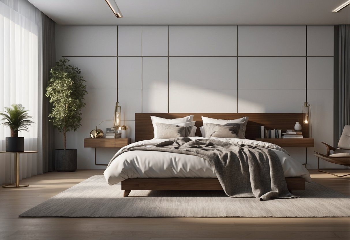 A white bedroom with stylish furniture and accessories