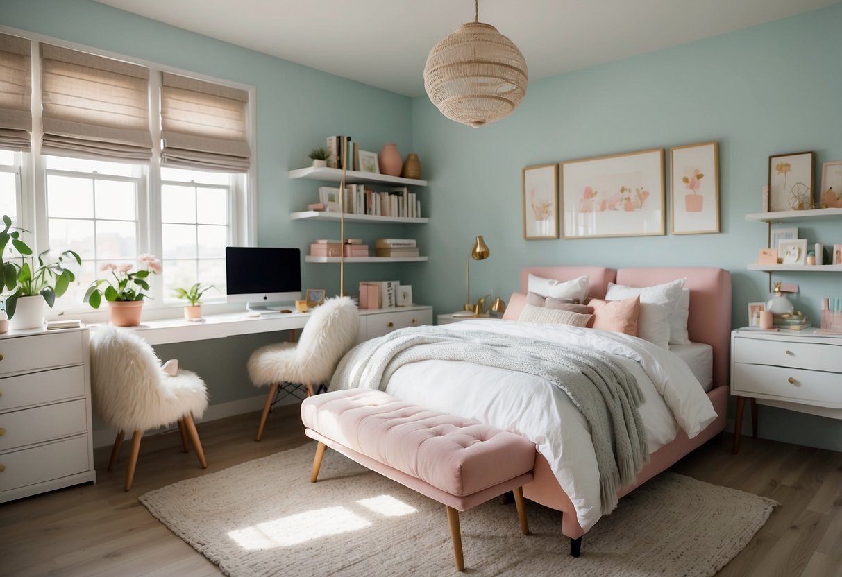 A bright, airy bedroom with white furniture and pops of pastel colors. A bookshelf filled with books and trinkets, a cozy bed with fluffy pillows, and a desk with a laptop and desk lamp
