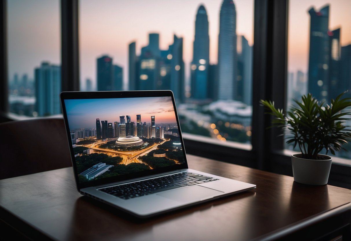 A laptop sits on a sleek desk, surrounded by stylish furniture. A Singapore city skyline is visible through a window