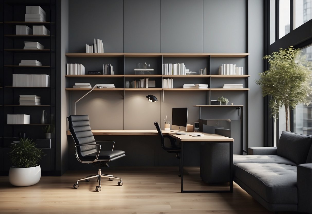 A sleek desk and ergonomic chair face a wall of shelves holding modern office supplies. A minimalist sofa and coffee table sit in a corner for casual meetings