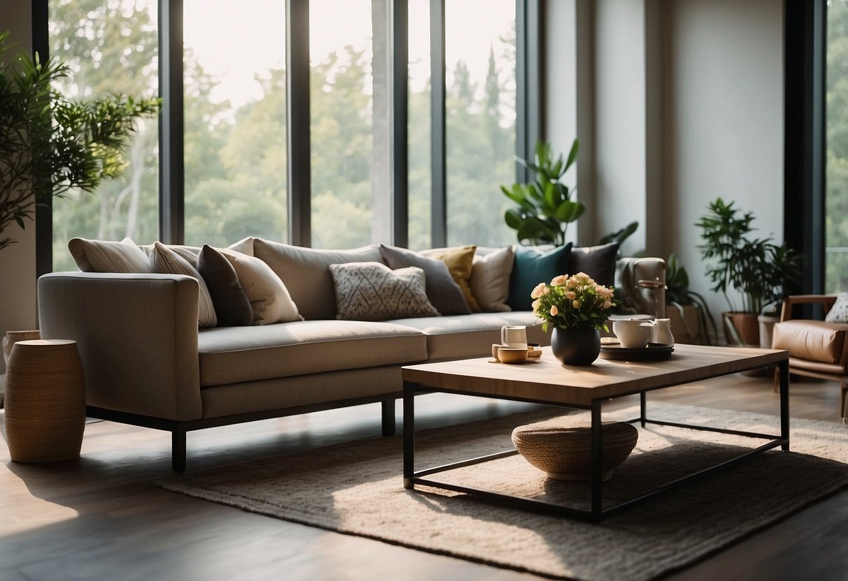 A cozy living room with a modern sofa, a sleek coffee table, and a stylish rug. Shelves filled with decorative items, and a large window letting in natural light
