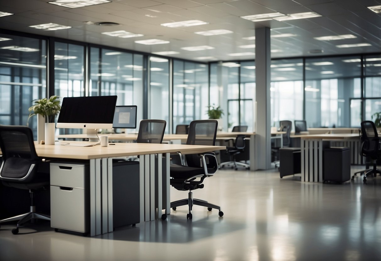 Office furniture surrounded by people, with a large "Frequently Asked Questions" sign displayed prominently