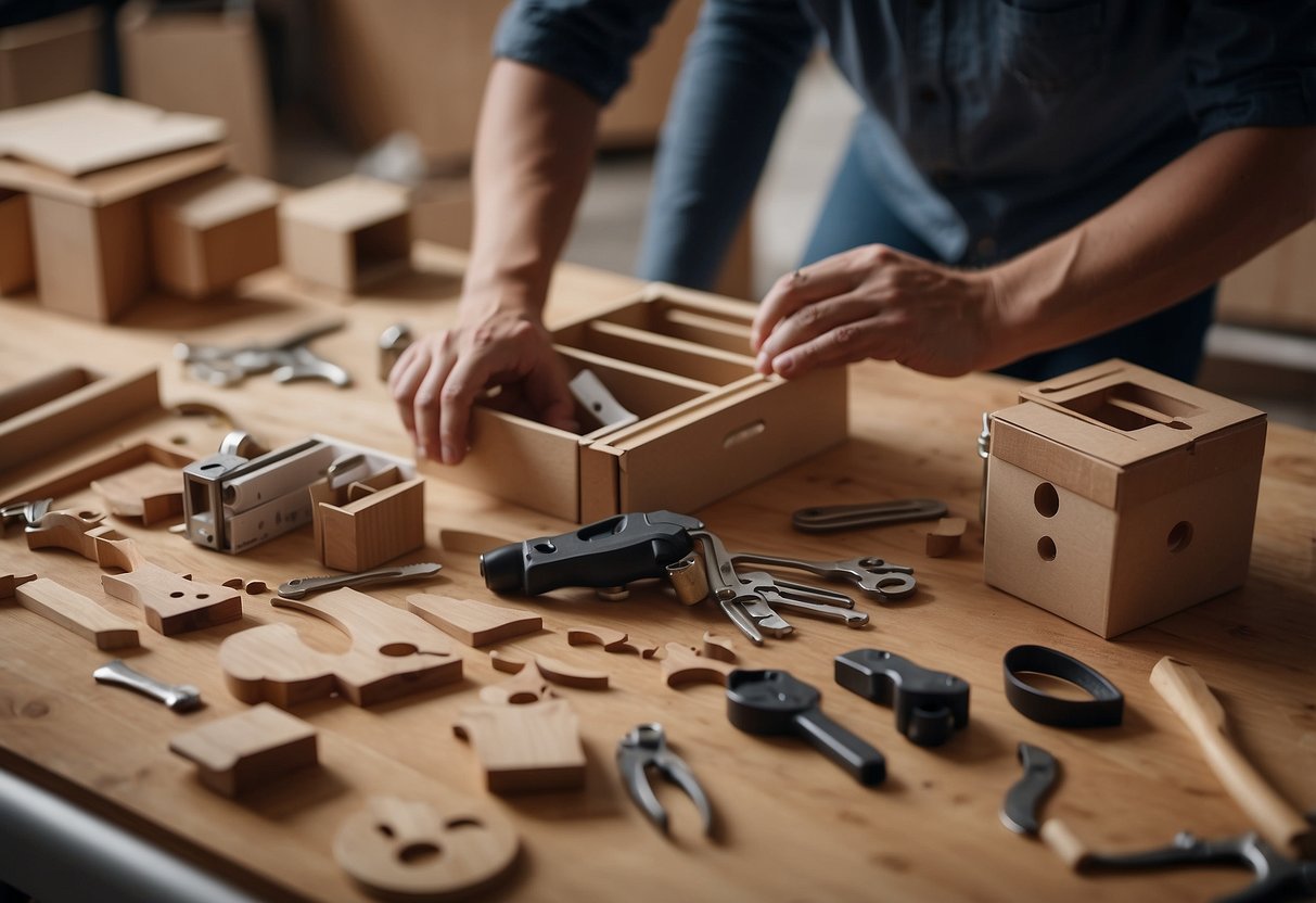 Flat pack furniture: a box with unassembled pieces, tools, and instructions. A person follows steps to build a table or chair