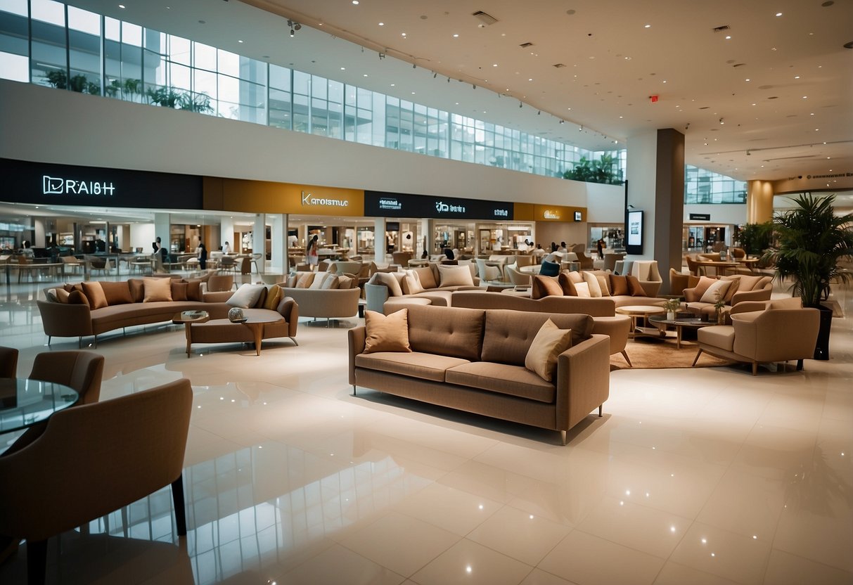 The Kranji Furniture Mall bustles with shoppers browsing through rows of stylish sofas, elegant dining sets, and sleek entertainment units. Bright lighting illuminates the spacious showroom, highlighting the exquisite craftsmanship of each piece