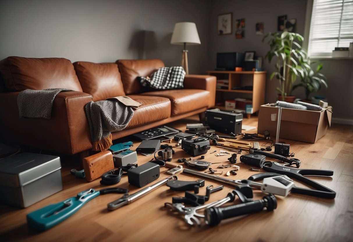 A cluttered living room with unassembled furniture parts scattered on the floor, accompanied by a set of tools and instruction manual
