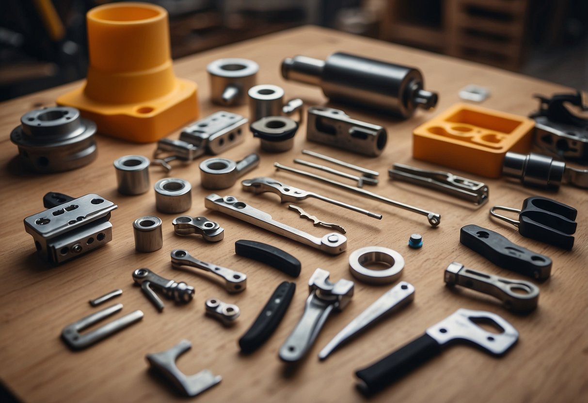 Flat pack furniture pieces laid out on the floor, assembly instructions nearby, tools and hardware organized in a neat arrangement