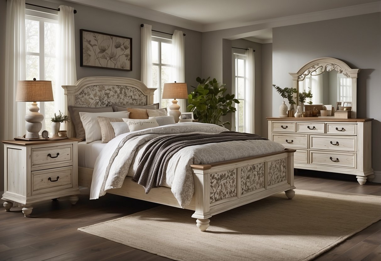A white country style bedroom set with a bed, nightstand, dresser, and mirror. Floral patterns and distressed wood accents