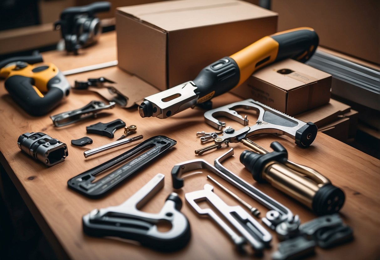 A stack of flat pack furniture pieces with tools and instructions nearby