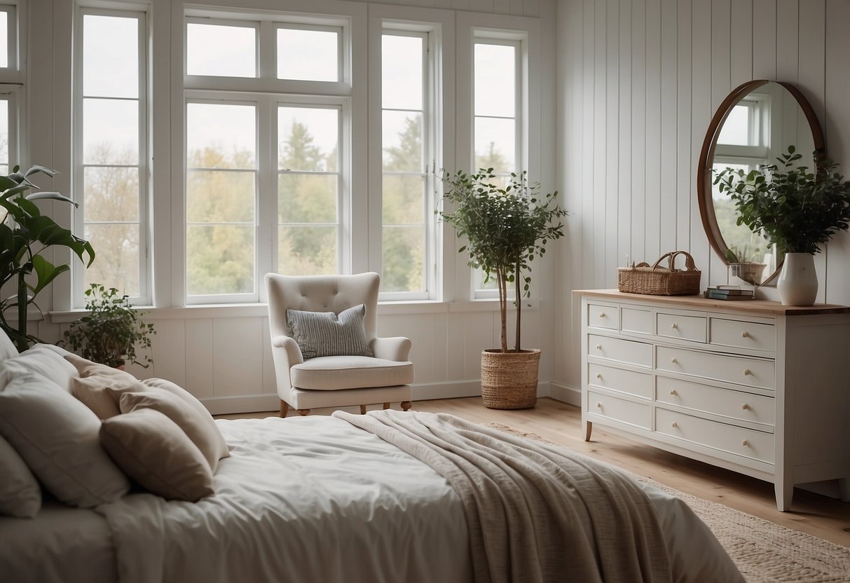 A cozy white country style bedroom with a matching set of furniture, including a bed, nightstands, dresser, and a comfortable armchair