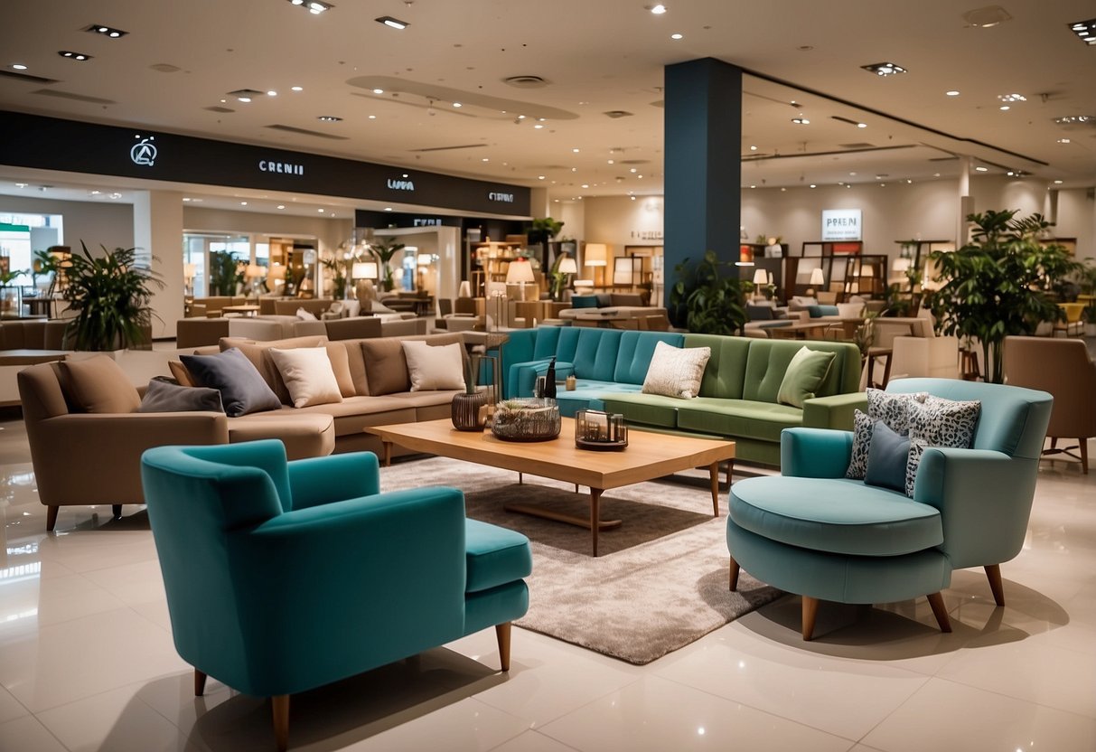 Customers browse furniture displays in Kranji Furniture Mall. Various styles and designs fill the spacious showroom. Bright lighting showcases the array of options available