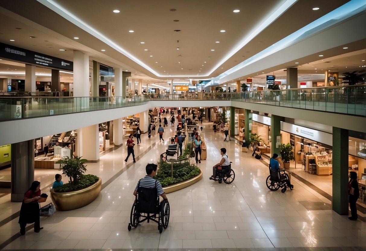 The Kranji Furniture Mall bustles with customers. Wheelchair ramps and wide aisles ensure accessibility. Services like delivery and assembly are advertised prominently