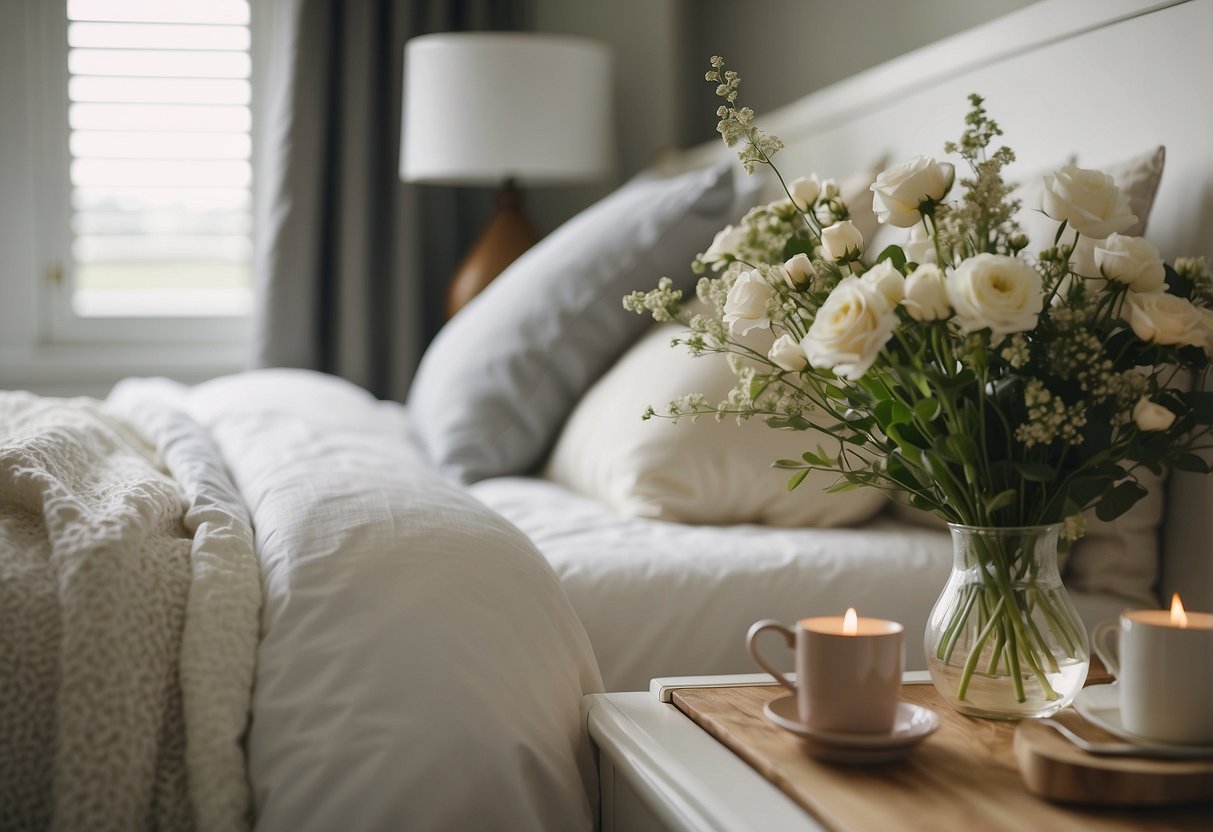 A person is adding decorative pillows and a cozy throw to a white country-style bed. They are also placing a vase of fresh flowers on a bedside table