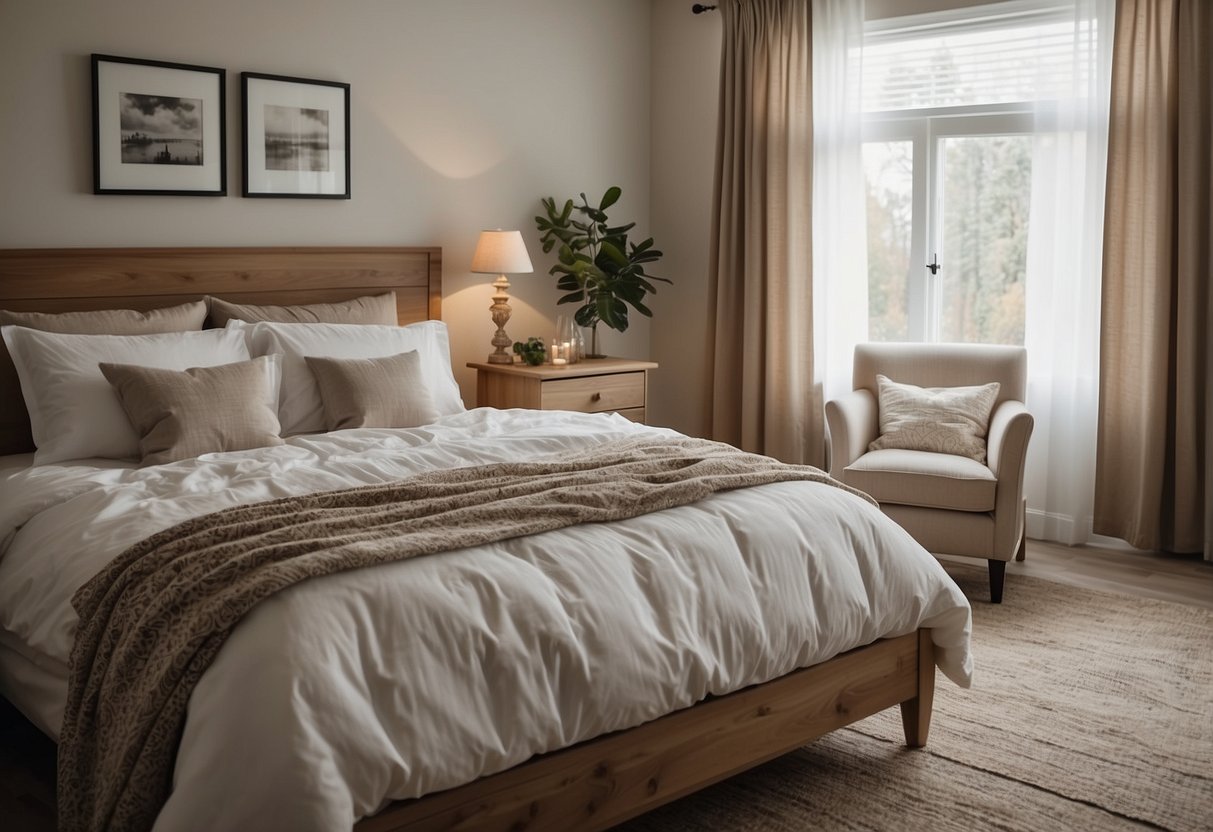 A cozy bedroom with white country-style furniture, including a bed, nightstands, and a dresser. Soft, neutral-colored bedding and curtains add to the inviting atmosphere