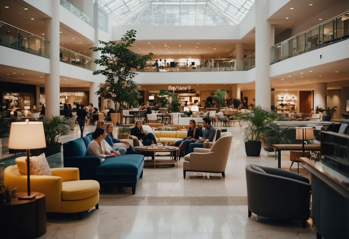 A bustling furniture mall with customers browsing through various showrooms and asking staff questions about products and services