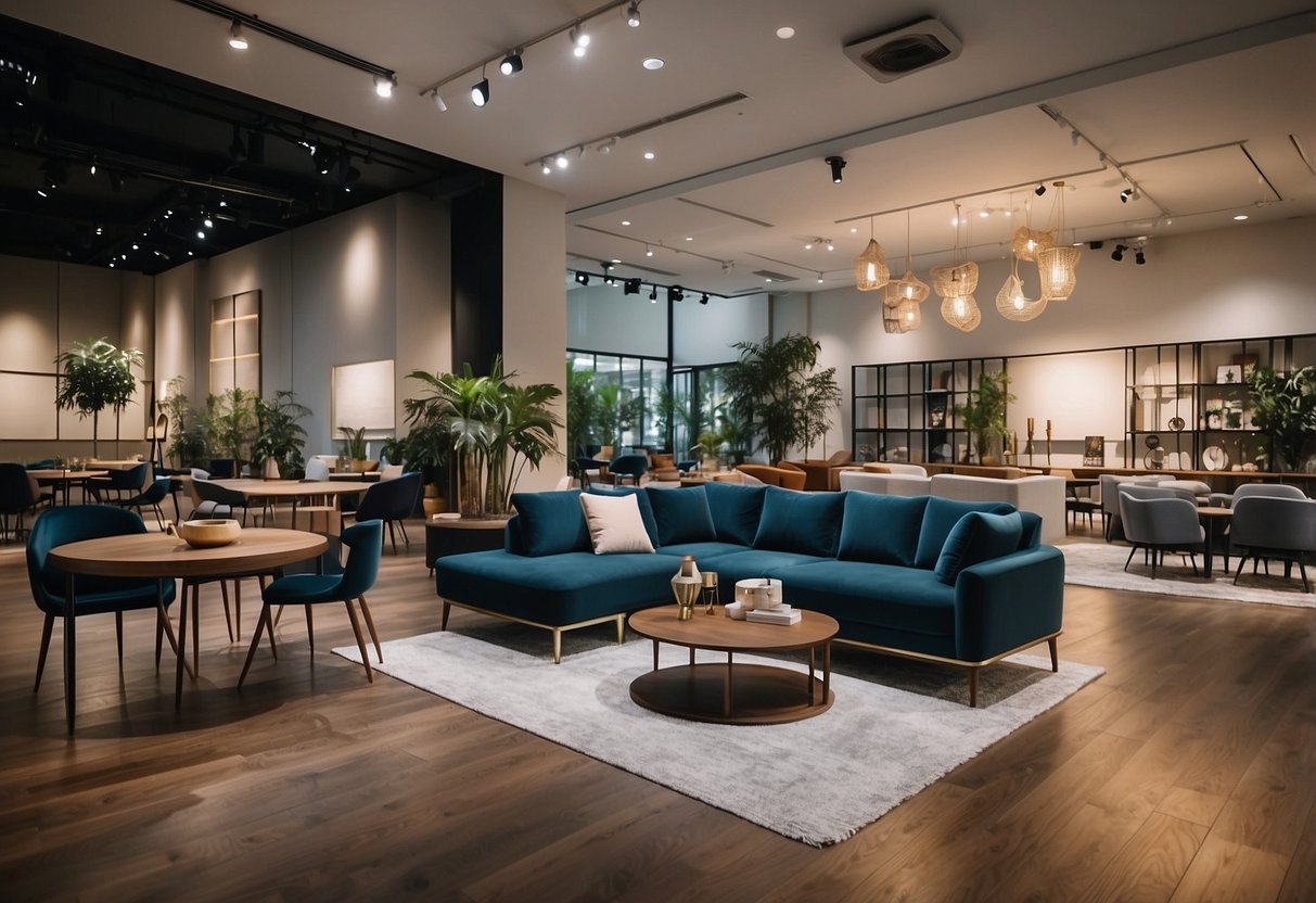 A modern furniture showroom in Singapore with sleek designs and minimalist decor. Displays of tables, chairs, and sofas in a spacious, well-lit setting