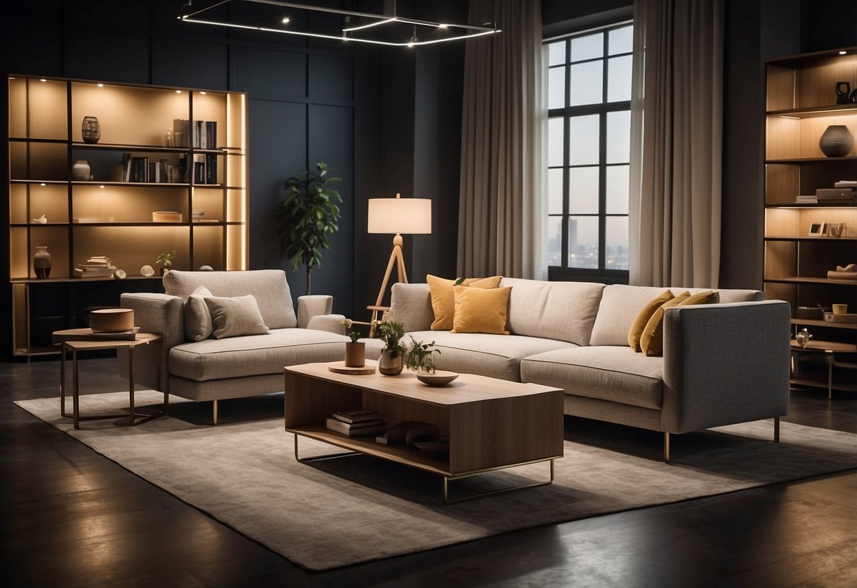 A room filled with modern furniture, soft lighting, and clean lines. Various pieces from the WTP Furniture Collection are arranged in a stylish and inviting display