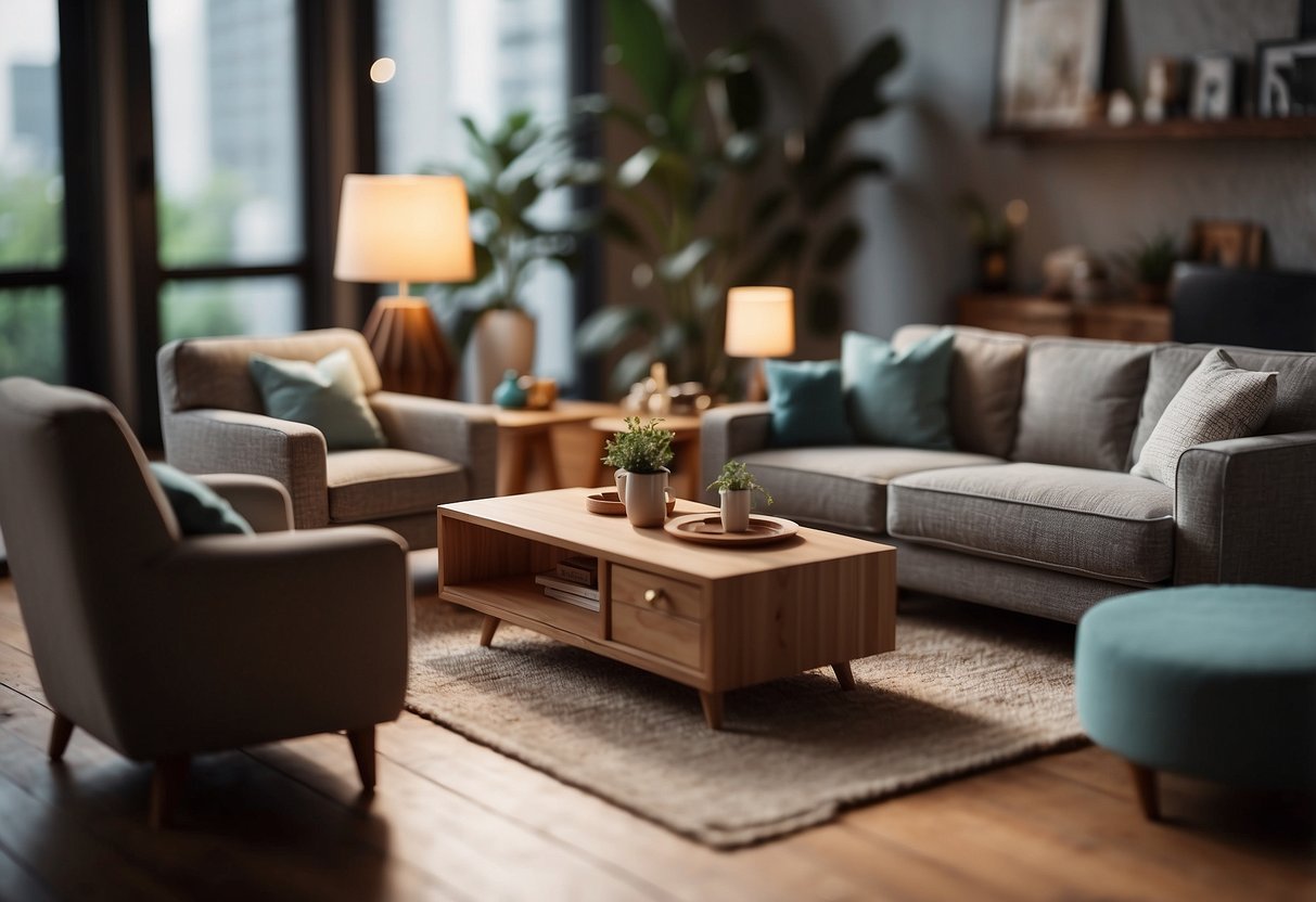 A 1:6 scale furniture kit, with a miniature sofa, coffee table, and lamp arranged in a cozy living room setting