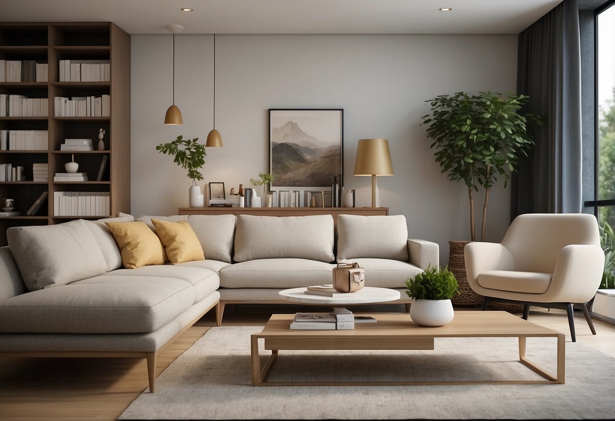A miniature living room with a 1:6 scale sofa, coffee table, and bookshelf. The furniture is modern and sleek, with clean lines and neutral colors