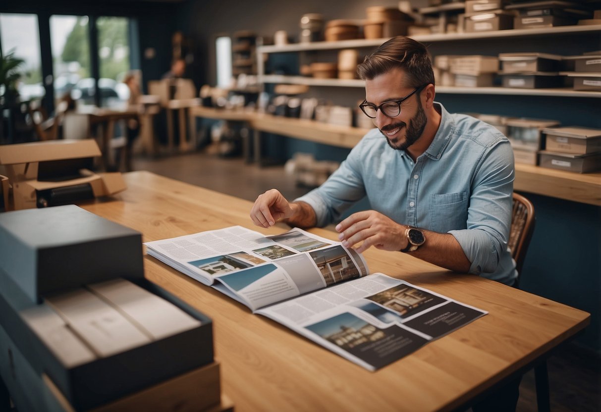 A customer browsing through a catalog of furniture, with a helpful salesperson answering questions