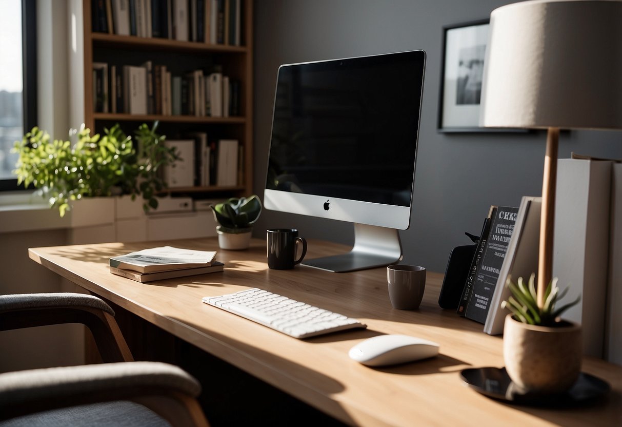 A sleek, modern desk sits in a sunlit room, surrounded by minimalist chairs and a bookshelf filled with design books