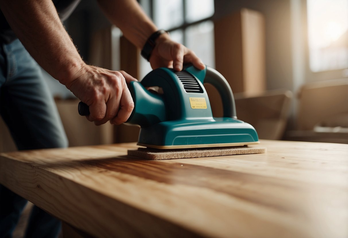 A furniture piece being sanded down, revealing the natural wood underneath the shellac