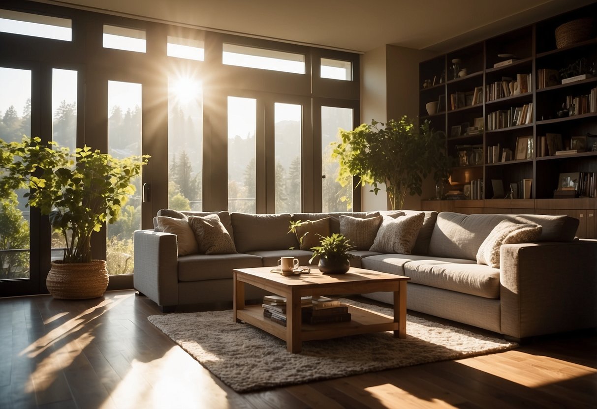 A cozy living room with a plush sofa, coffee table, and bookshelf. Sunlight streams in through the window, casting warm shadows on the floor