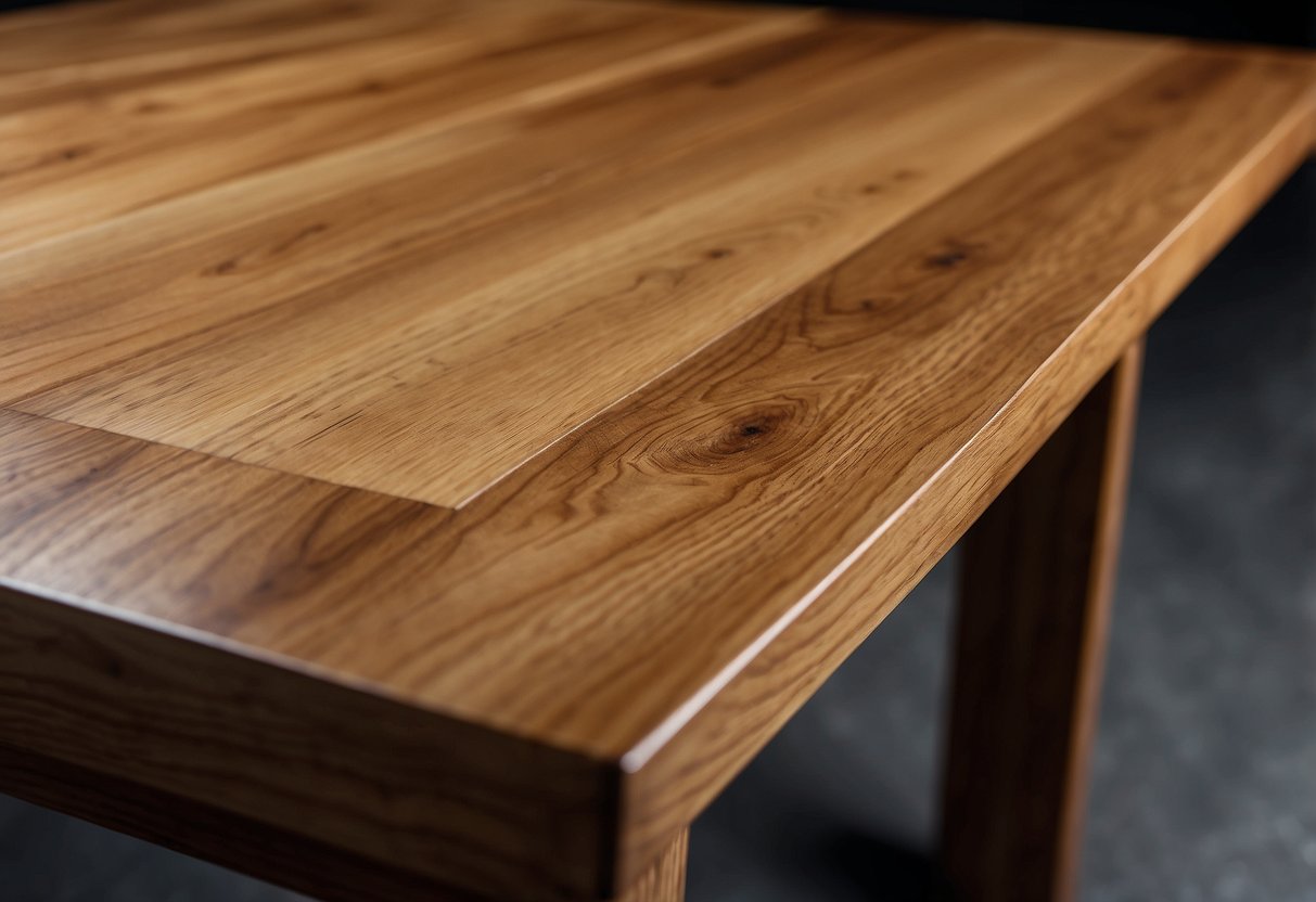 A table with visible wood grain, sturdy construction, and no veneer. A label stating "100% solid wood." A hand tapping to hear a solid, not hollow, sound