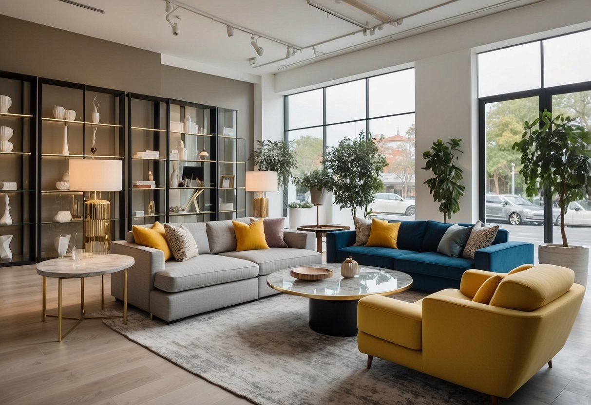 A bright, spacious showroom filled with modern furniture displays. Clean lines, sleek designs, and pops of color create an inviting atmosphere for customers to explore IDdesign's furniture collections