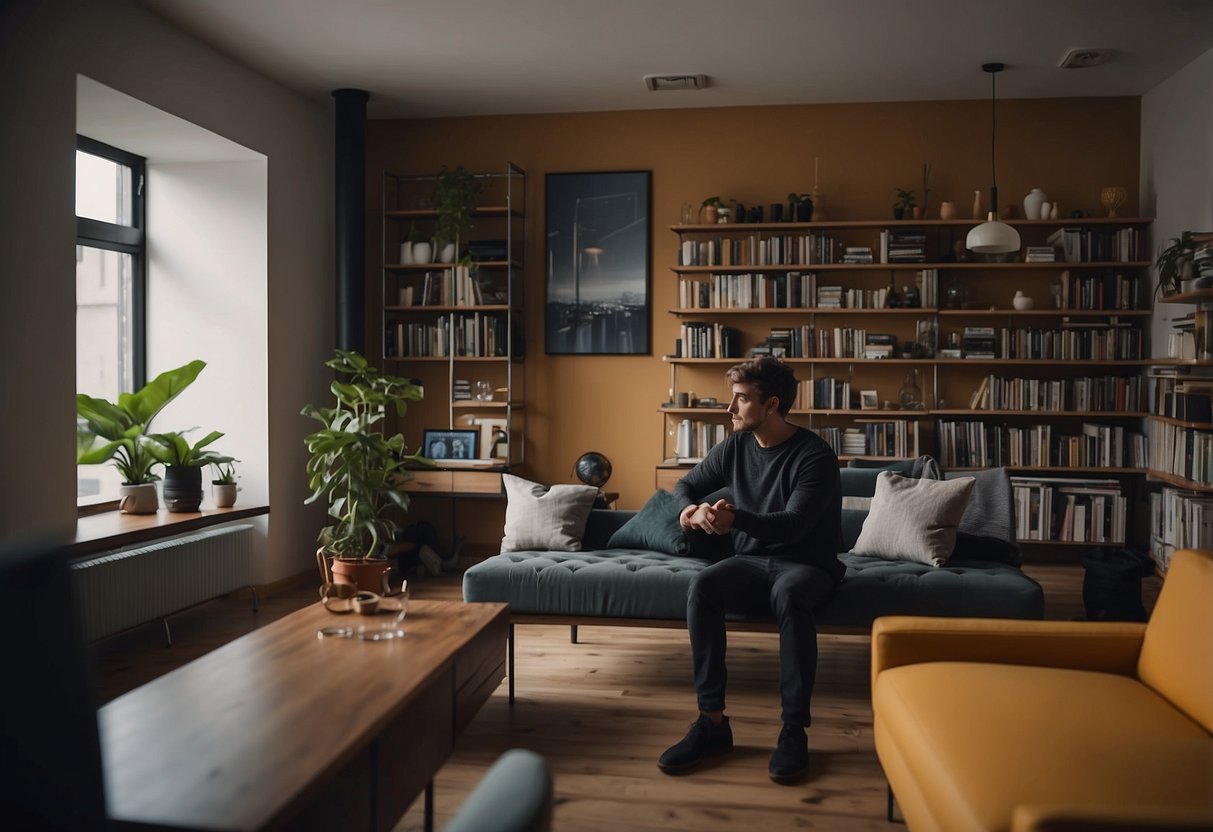 A person explores various rooms, each containing different types of furniture